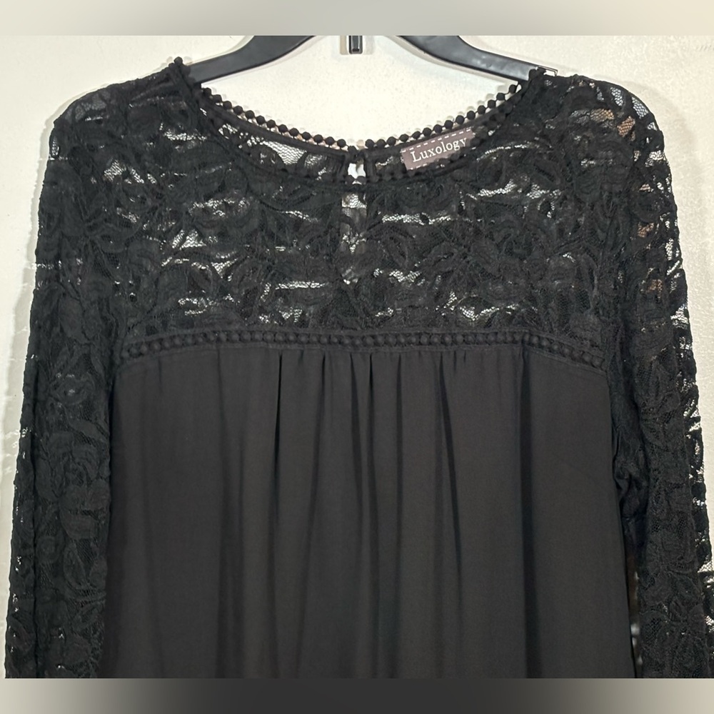 Luxology Women’s Black Lace Dress Size 10 3/4 Sleeve Chiffon - Picture 3 of 13